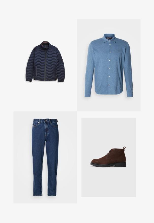 Veste matelassée bleu marine avec un col haut, texture matelassée horizontale, fermeture éclair à l'avant, bordures blanches contrastantes et poches latérales.; Polo bleu à manches longues en tissu texturé, avec une fermeture boutonnée à l'avant et un petit logo sur la poitrine.; Jean bleu foncé en denim, avec une coupe droite, style cinq poches et des coutures apparentes le long des coutures.; Bottines en suède marron avec un bout arrondi, un design à lacets et un petit talon. Équipées d'une boucle à l'arrière pour un enfilage facile.