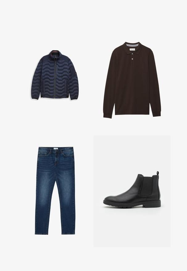 Veste matelassée bleu marine avec un col haut, texture matelassée horizontale, fermeture éclair à l'avant, bordures blanches contrastantes et poches latérales.; Polo à manches longues en coton marron foncé, doté d'un col, d'une patte de boutonnage à trois boutons et d'accents à rayures blanches. Texture lisse.; Jean slim-fit bleu foncé avec des détails délavés, design classique à cinq poches, fermeture à bouton et passants de ceinture.; Bottines Chelsea en cuir noir avec des panneaux élastiques sur les côtés et une languette, présentant un bout arrondi et une semelle en caoutchouc texturée.