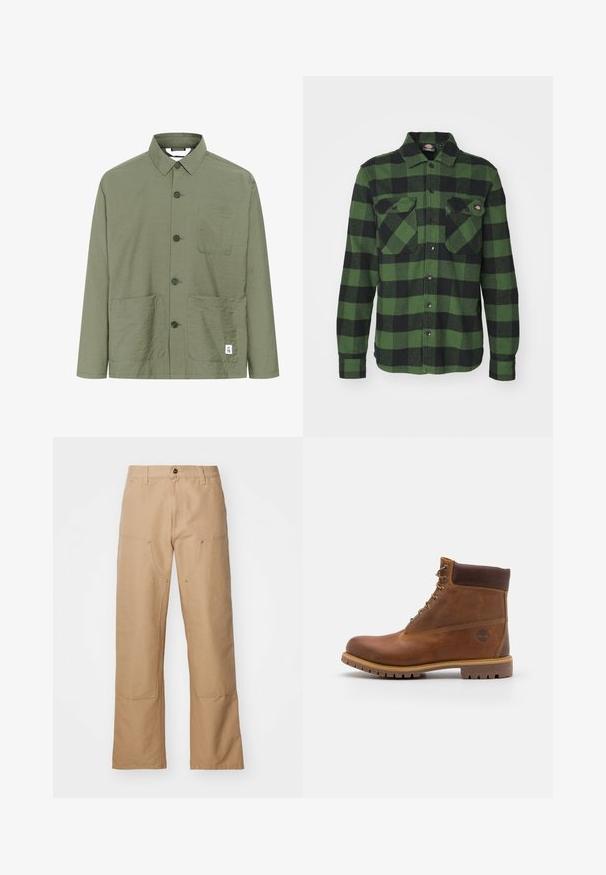 Camisa de botones color verde oliva con cuello, dos bolsillos frontales y una etiqueta en el dobladillo. Tela ligera y texturizada, con corte recto.; Camisa de franela a cuadros verde y negra con dos bolsillos en el pecho, cierre de botones, mangas largas y cuello puntiagudo. Textura suave.; Pantalones de pierna ancha beige hechos de lona, con bolsillos frontales, detalles en dorado y un diseño de frente plano.; Botas de senderismo de cuero marrón con un acabado suave, tobillo acolchado, ojales de metal y suela de goma con un patrón de tracción robusto.