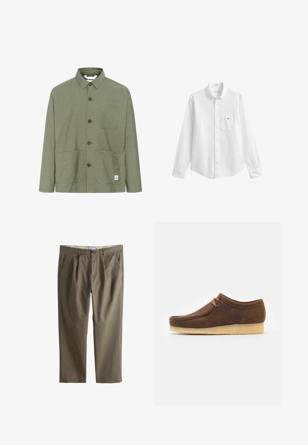 Olijfgroene button-up shirt met een kraag, twee voorzakken en een label aan de zoom. Lichtgewicht, gestructureerde stof en rechte snit.; Wit overhemd met lange mouwen, knopen, kraag en borstzakje met een klein geborduurd logo.; Herenkaki geplooide broek met zijzakken en een knoopsluiting in de taille, plat uitgespreid op een witte achtergrond.; Bruine leren schoen met een ronde neus, lage profiel, tan veters en een lichtgekleurde rubberen zool. Gladde textuur met minimale stiksels.