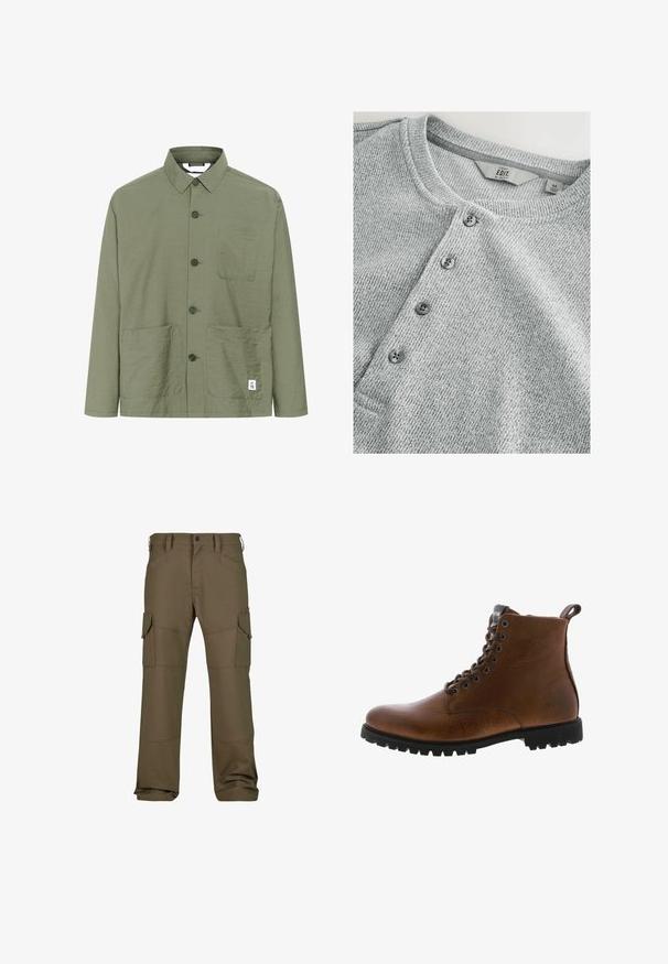Olijfgroene button-up shirt met een kraag, twee voorzakken en een label aan de zoom. Lichtgewicht, gestructureerde stof en rechte snit.; Grijze gebreide shirt met lange mouwen en een ronde halslijn, vijf knopen sluiting, ribbelstructuur en een slim fit ontwerp. Label geeft maat M aan.; Cargo broek in donkergroen olijf, met meerdere zakken, verstevigde stiksels, een rechte pasvorm en een gladde textuurstof.; Bruine leren enkelbotten met een gestructureerde afwerking, metalen oogjes en een zwarte rubberen profielzool. Voorzien van een trekband aan de achterkant voor gemakkelijke instap.