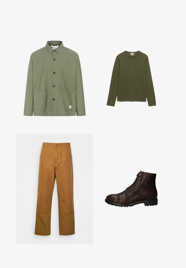Olijfgroene button-up shirt met een kraag, twee voorzakken en een label aan de zoom. Lichtgewicht, gestructureerde stof en rechte snit.; Olijfgroen henley-shirt met lange mouwen, vier zwarte knopen en een ronde hals, weergegeven op een witte achtergrond.; Bruine katoenen utility broeken met een rechte pijpdesign, voorzien van voorzakken en metalen hardware accenten voor extra duurzaamheid.; Donkergrote leren veterschoenen tot de enkels met een robuuste rubberen zool en metalen veters, gezien vanuit de buitenzijde.