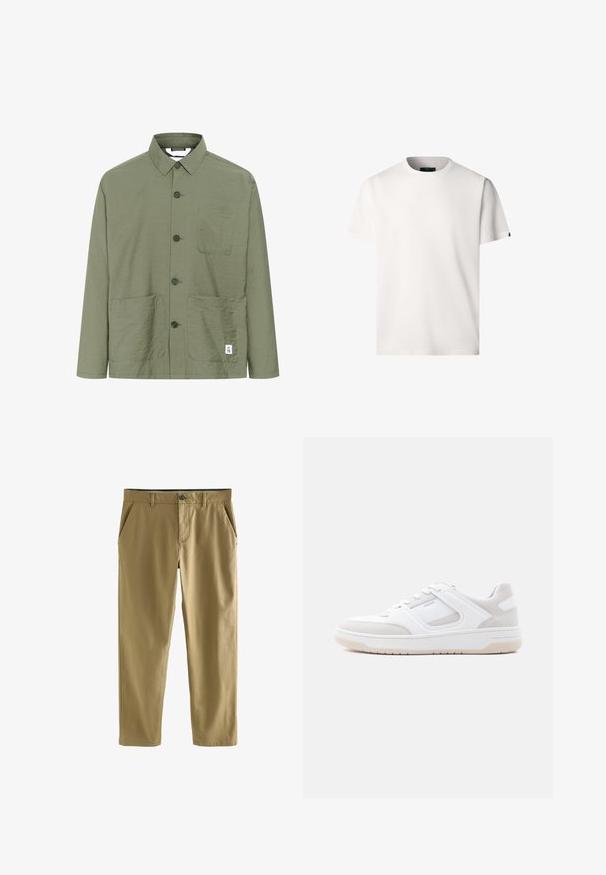 Olijfgroene button-up shirt met een kraag, twee voorzakken en een label aan de zoom. Lichtgewicht, gestructureerde stof en rechte snit.; Effen wit T-shirt met korte mouwen en een ronde hals, voorkant weergegeven op een witte achtergrond.; Khaki chino's gemaakt van een katoenmix, met een knoopsluiting, twee voorzakken en een recht gesneden pijp. Glad, lichtgewicht textuur.; Lage witte en lichtbeige sneaker met vetersluiting, gevoerde kraag en rubberen zool op een effen lichte achtergrond.