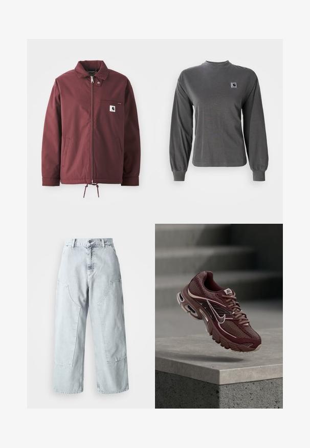 Veste utilitaire bordeaux en tissu durable. Dotée d'une fermeture éclair à l'avant, d'un col montant, d'une poche sur la poitrine et d'un cordon de serrage réglable à l'ourlet.; T-shirt à manches longues gris en coton, avec un col rond et des poignets élastiques, arborant un petit logo carré sur la poitrine.; Pantalons en denim bleu clair à jambes larges avec de grandes poches latérales, taille haute et coupe ample. Texture usée avec une finition décolorée.; Chaussure de course Nike bordeaux avec tissu en mesh, col rembourré, semelle épaisse et accents blancs. Le design présente un bout arrondi et des lacets proéminents.
