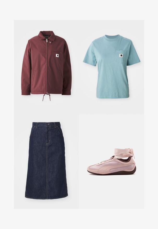 Veste utilitaire bordeaux en tissu durable. Dotée d'une fermeture éclair à l'avant, d'un col montant, d'une poche sur la poitrine et d'un cordon de serrage réglable à l'ourlet.; T-shirt en coton léger bleu clair à manches courtes avec poche poitrine affichant un petit patch logo Carhartt noir et blanc.; Jupe en denim foncé à taille haute, coupe droite, poches avant et coutures surpiquées. Fermeture à glissière et bouton à la taille.; Baskets basses rose clair avec semelle foncée, design épuré et rubans noués autour de la cheville pour un effet enveloppant décoratif.
