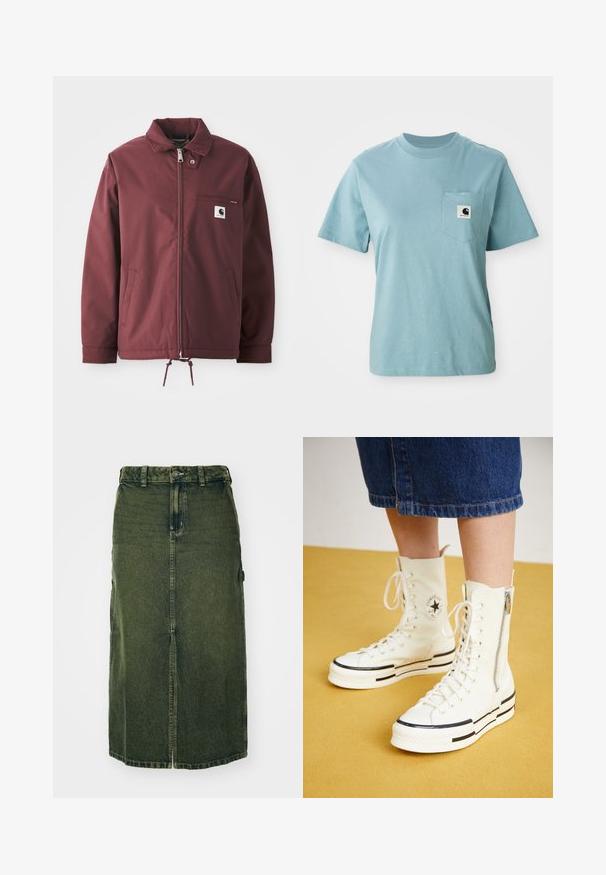 Veste utilitaire bordeaux en tissu durable. Dotée d'une fermeture éclair à l'avant, d'un col montant, d'une poche sur la poitrine et d'un cordon de serrage réglable à l'ourlet.; T-shirt en coton léger bleu clair à manches courtes avec poche poitrine affichant un petit patch logo Carhartt noir et blanc.; Jupe en denim vert avec une coupe mi-longue, fente à l'avant, fermeture à boutons et passants de ceinture. Sa texture est légèrement délavée, avec des poches latérales.; Baskets montantes blanches avec une fermeture éclair, un design à lacets et des accents de rayures noires sur une semelle épaisse. Matériau en toile texturée.