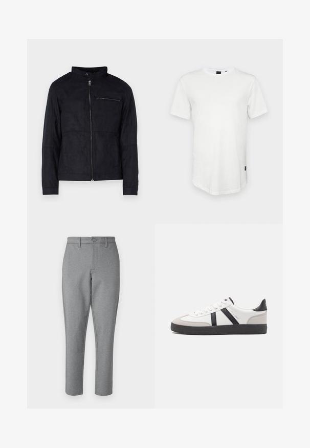 Sort jakke lavet af suede-lignende materiale, med ståkrave, front lynlås og en lynlåslomme på brystet. Enkel design med skræddersyet pasform.; Hvid kortærmet t-shirt lavet af bomuld, med rund halsudskæring og en let forlænget ryg, samt en lille logoaccent på siden.; Grå skræddersyede bukser med en subtil tekstur, lige pasform og frontlås med knap. Har bæltestropper og sidelommer.; Hvide sneakers med sorte og grå detaljer, med en tekstureret grå tåhætte, sort gummisål og flade hvide snørebånd. Rent design, minimalistisk stil.