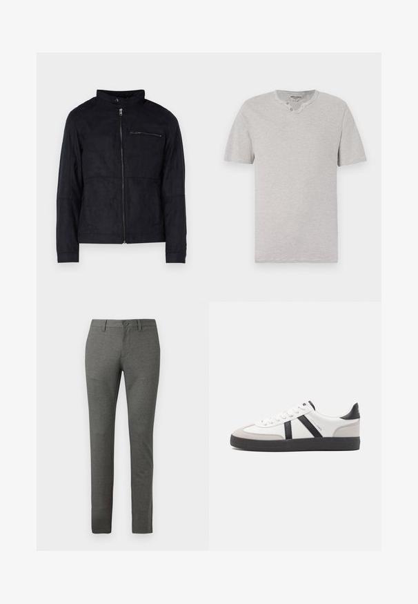 Sort jakke lavet af suede-lignende materiale, med ståkrave, front lynlås og en lynlåslomme på brystet. Enkel design med skræddersyet pasform.; Kortærmet, grå og hvid stribet t-shirt med rund hals og to-knap detaljer ved halsudskæringen. Blødt stof med en afslappet pasform.; Grå skræddersyede bukser med en struktureret overflade, slim fit design, forlommer og en enkelt knaplukning i taljen.; Hvide sneakers med sorte og grå detaljer, med en tekstureret grå tåhætte, sort gummisål og flade hvide snørebånd. Rent design, minimalistisk stil.