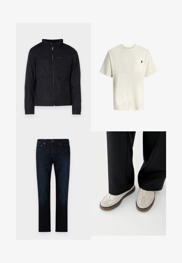 Sort jakke lavet af suede-lignende materiale, med ståkrave, front lynlås og en lynlåslomme på brystet. Enkel design med skræddersyet pasform.; Hvid bomuld t-shirt med korte ærmer, rund hals, brystlomme foran og et lille mærke i siden. Glat tekstur og afslappet pasform.; Mørke denim jeans med lige ben design, der har forlommer, en subtil falmningstekstur og en metalknaplukning i taljen.; Fødder iført beige sneakers med brune såler og sorte bukser med vide ben på hvid baggrund.