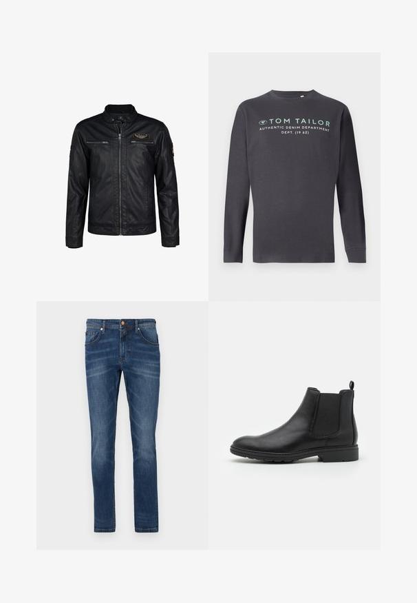 Chaqueta de cuero negra con cierre de cremallera, cuello acanalado y múltiples bolsillos con cremallera. Presenta un parche en el lado izquierdo del pecho y un acabado texturizado.; TOM TAILOR PRINTED - Camiseta de manga larga - tarmac grey; Jeans de mezclilla azul oscuro con corte recto, cinco bolsillos, un ligero desgaste, costuras en contraste y cierre de botón en la cintura.; Botín Chelsea de cuero negro con paneles laterales elásticos y una tira de sujeción, con punta redondeada y suela de goma texturizada.