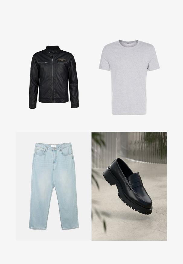 Chaqueta de cuero negra con cierre de cremallera, cuello acanalado y múltiples bolsillos con cremallera. Presenta un parche en el lado izquierdo del pecho y un acabado texturizado.; Camiseta de algodón gris con cuello redondo, mangas cortas y un diseño liso, que presenta una textura suave y lisa, sin patrones ni adornos visibles.; Jeans de mezclilla azul claro con un corte relajado, cinco bolsillos, cierre de botón y ligeras desgastadas. La textura es suave y ligeramente usada.; Mocasines de cuero negro con suela gruesa, que presentan una correa decorativa y detalles de costura. Textura suave con un acabado pulido.