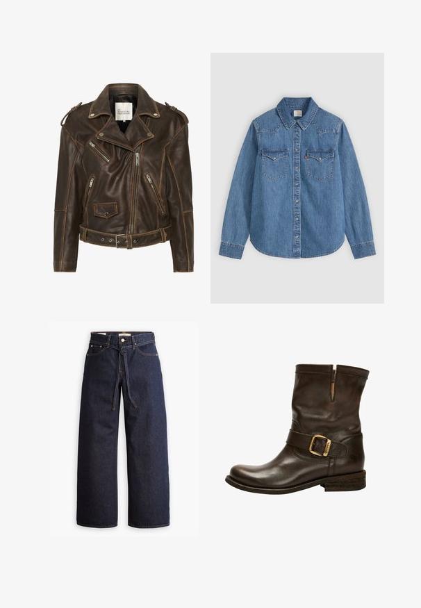 Mørkebrun læder bikerjakke med asymmetrisk lynlås, lynlåslommer, bælte i taljen, skulderepauletter og reverskrave.; Langærmet blå denim skjorte med knapper, spids krave og to brystlommer med klap på en lys baggrund.; Bredde ben mørkeblå denim jeans med høj talje, der har snoretræk, fem lommer og kontrastsyet detaljer.; Brun læder ankelstøvle med rund tå, detalje med spænde på siden, stikninger og en lav stablet hæl. Har en karakteristisk tekstur.