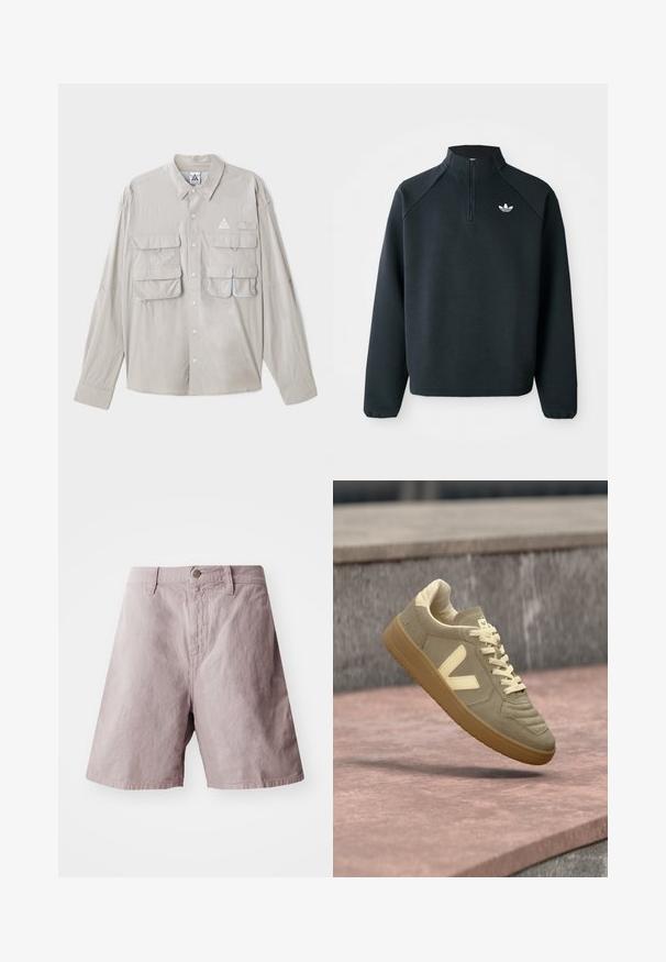 Lys grå skjorte med lange ærmer, fire frontlommer, et trekantet logo og en glat stofstruktur.; Sort quarter-zip sweatshirt lavet af blødt stof, med raglanærmer og hvidt logo på brystet. Manchetterne er elastiske.; Lys lilla bomulds shorts med flad talje, knop foran og sidelommer. Glat tekstur med en afslappet pasform.; Beige ruskindssneaker med gummisål og cremefarvede snørebånd, mærket med "V" på siden, ophængt over en rosa stenoverflade med grå stens baggrund.