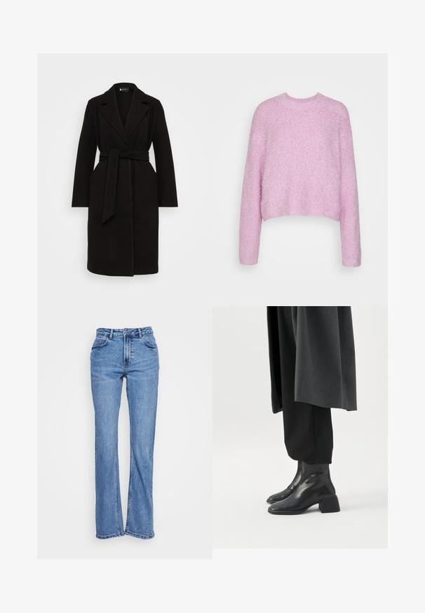 Sort uldfrakke med sjalskrave, bælte i taljen, lange ærmer og sidelommer, der har et rent, strømlinet design.; Noisy May NMSASSY L/S O-NECK KNIT FWD NOOS - Striktrøje - pirouette; Blå denim jeans med lige ben, høj talje og fem lommer. Stof ejer en fadet vask og let slidte områder.; Sorte læderankelstøvler med lave blokhæle, båret med sorte bukser og en mørkegrå lang frakke.