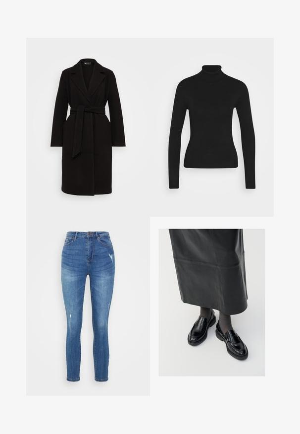 Must mustreemiga musttakk, millel on šalli krae, vöökoht, pikad varrukad ja küljetaskud, millel on puhas ja voolujooneline disain.; Mustmustik turtleneck sviiter pika varrukaga, valmistatud siledast kudumisest. Omab kitsast disaini ja soonikkoes kraed.; Vero Moda Petite VMSOPHIA SKINNY - Kitsa lõikega teksad - medium blue denim; Mustad nahast loafertossud sileda pinnaga, dekoratiivse rihma, ümarate varvaste ja tekstuuriga tallaga. Kanda pikkade mustade nahkseelikutega.