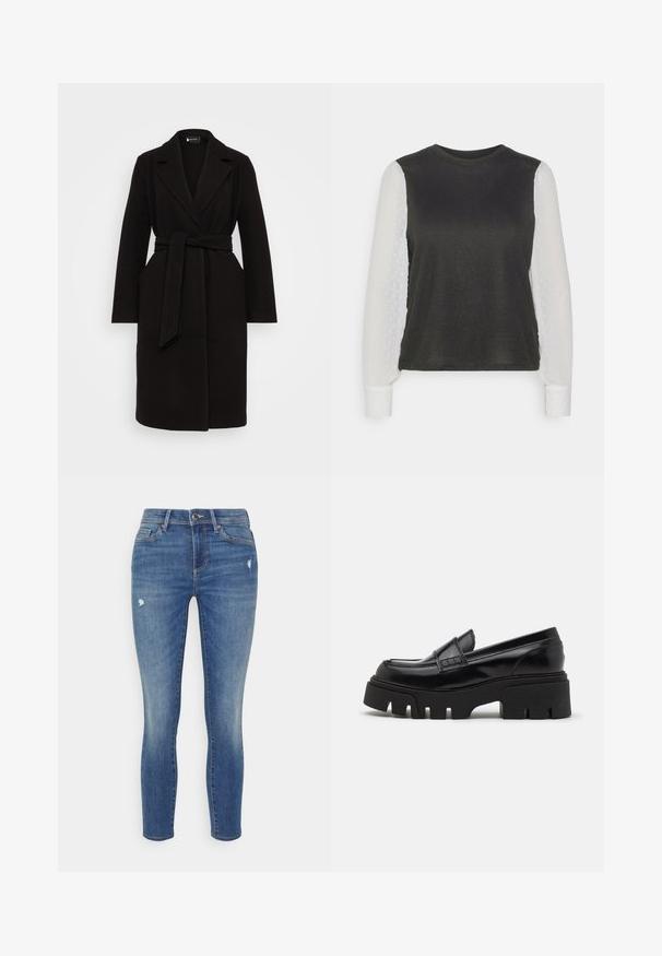 Sort uldfrakke med sjalskrave, bælte i taljen, lange ærmer og sidelommer, der har et rent, strømlinet design.; ONLY Petite ONLAISSHA - Striktrøje - black/cloud dancer; Blå skinny jeans lavet af denim, med en slidte vask og mindre slid på benene, med klassisk fem-lomme design og frontknaplukning.; Sorte læder loafers med en chunky, tekstureret platformssål og en dekorativ rem over toppen. Glat, blank finish.