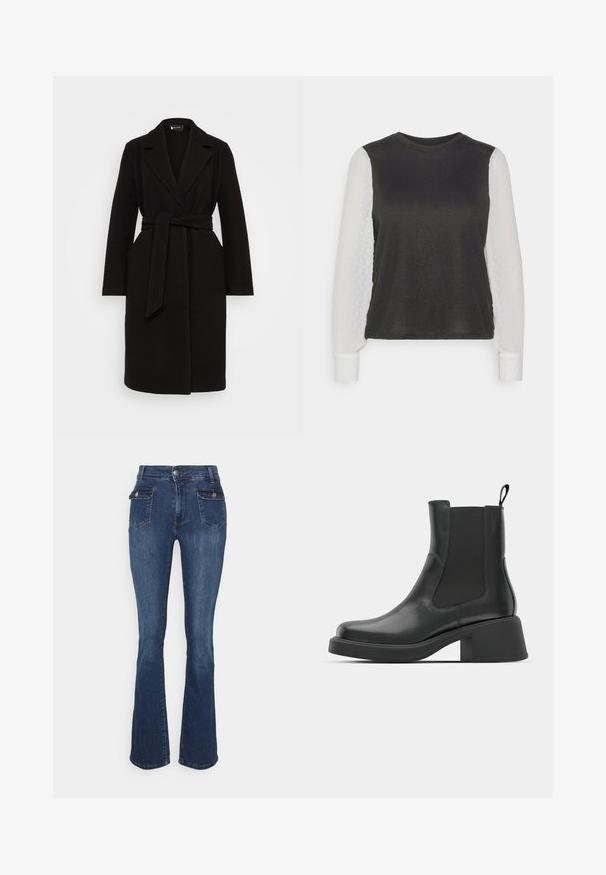 Manteau en laine noire avec un col châle, taille ceinturée, manches longues et poches latérales, présentant un design épuré et élégant.; ONLY Petite ONLAISSHA - Pullover - black/cloud dancer; Jeans en denim évasés bleu foncé, avec taille haute, poches avant et arrière, coutures orange et un léger délavage.; Bottines en cuir noir avec des panneaux élastiques sur les côtés, un bout rond et un talon épais. Texture lisse avec un design minimaliste.