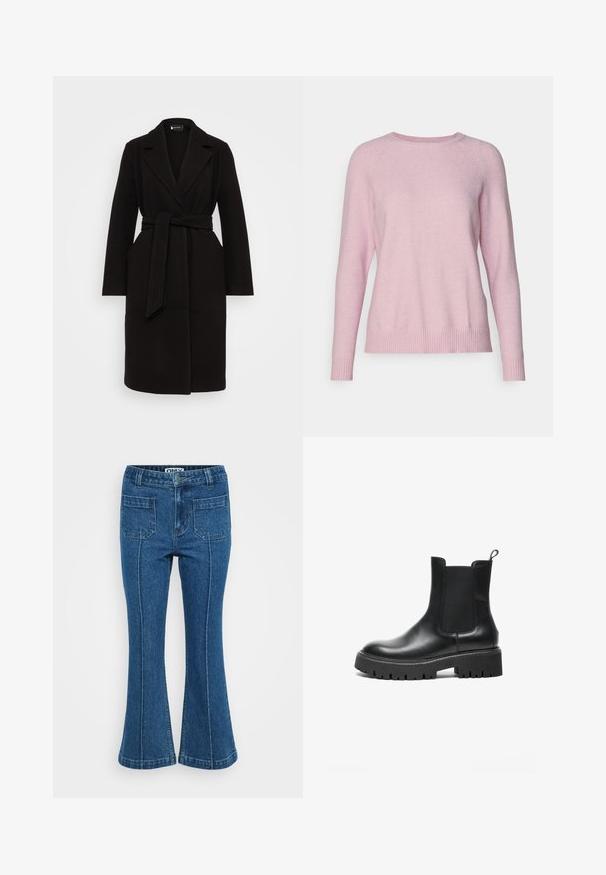 Sort uldfrakke med sjalskrave, bælte i taljen, lange ærmer og sidelommer, der har et rent, strømlinet design.; ONLY Petite ONLLESLY KINGS - Striktrøje - light pink melange; Blå denim højtaljede jeans med frontlommer, syninger ned ad benene og en let flare ved anklerne.; Sort læder Chelsea-støvle med elastiske sidelapper, rund tå, kraftig gummisål og en trækkrog ved hælen.