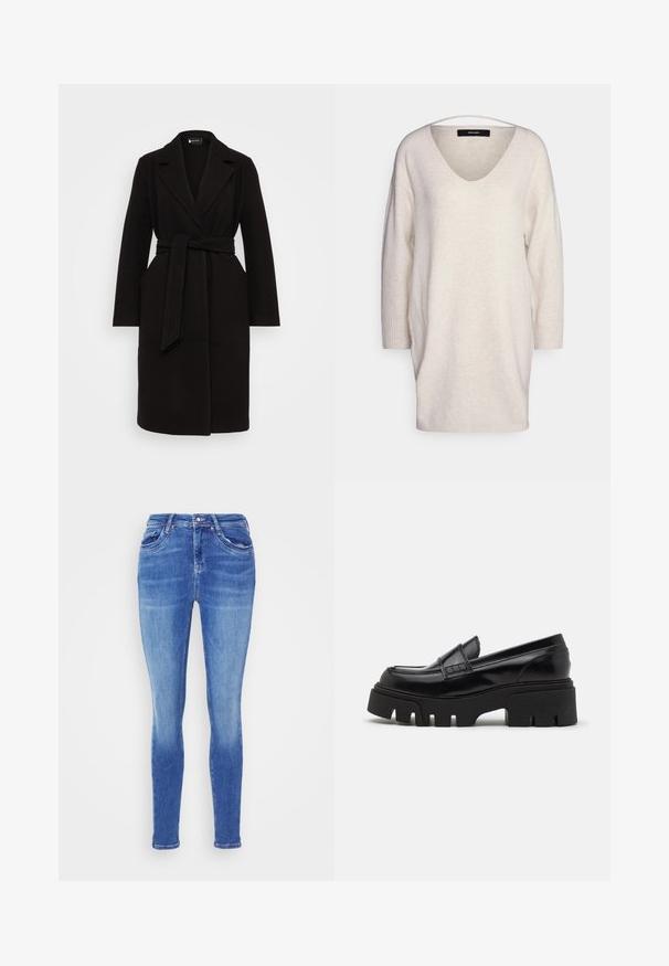 Zwarte wollen jas met een sjaalkraag, ceintuur in de taille, lange mouwen en zijzakken, met een schoon en gestroomlijnd ontwerp.; Vero Moda Petite VMDOFFY - Trui - birch; ONLY Petite ONLBLUSH WAIST - Jeans Skinny Fit - medium blue denim; Zwarte leren loafers met een chunky, gestructureerde platformzool en een decoratieve strap over de bovenkant. Gladde, glanzende afwerking.