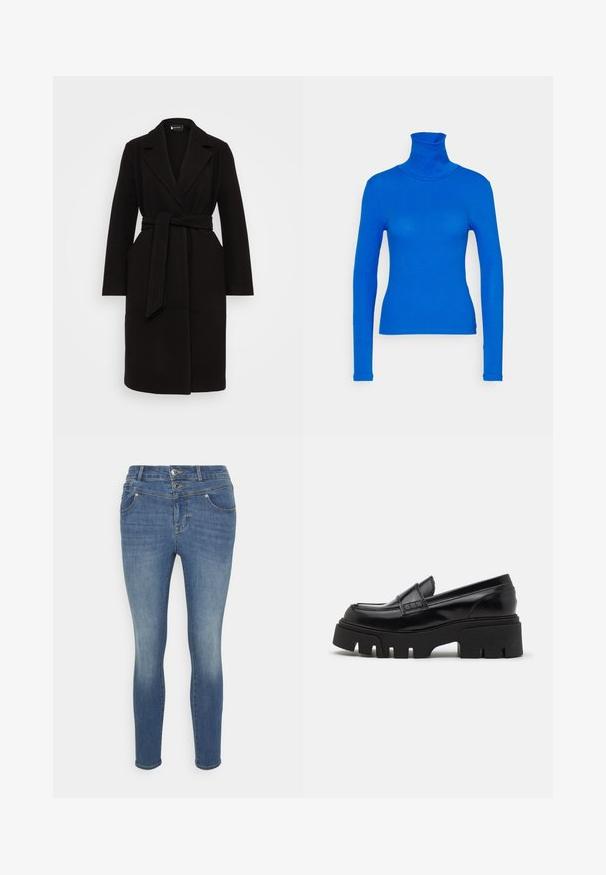 Sort uldfrakke med sjalskrave, bælte i taljen, lange ærmer og sidelommer, der har et rent, strømlinet design.; Pieces Petite PCKITTE ROLLNECK - Langærmet T-shirt - princess blue; ONLY Petite ONLWAUW - Jeans Skinny Fit - medium blue denim; Sorte læder loafers med en chunky, tekstureret platformssål og en dekorativ rem over toppen. Glat, blank finish.