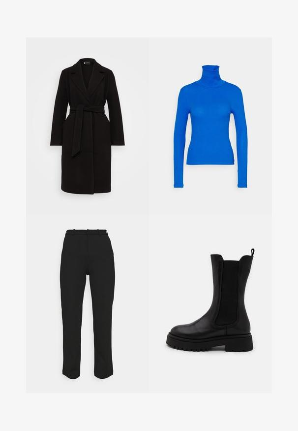 Sort uldfrakke med sjalskrave, bælte i taljen, lange ærmer og sidelommer, der har et rent, strømlinet design.; Pieces Petite PCKITTE ROLLNECK - Langærmet T-shirt - princess blue; Sorte skræddersyede bukser med en lige pasform, fremstillet af et glat stof. Har bæltestropper og en ren talje uden synlige lommer.; Sorte ankelhøje støvler i glat læder med elastiske sidepaneler. Tykk gummisål med mønster og en tekstiltrækstrop bagpå.
