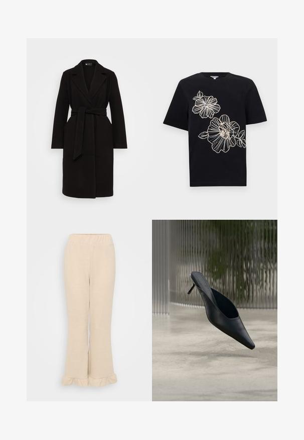 Sort uldfrakke med sjalskrave, bælte i taljen, lange ærmer og sidelommer, der har et rent, strømlinet design.; Sort kortærmet t-shirt med beige broderet omrids af to store blomster og blade på forsiden.; Cremefarvede ribbede strikkede bukser med elastisk talje og svajet kant, der har flæse detaljer nederst. Glat tekstur.; Sort mule sko med spids tå og tynd høj hæl, der svæver over en glat beton gulv med en sløret baggrund med lodrette striber.