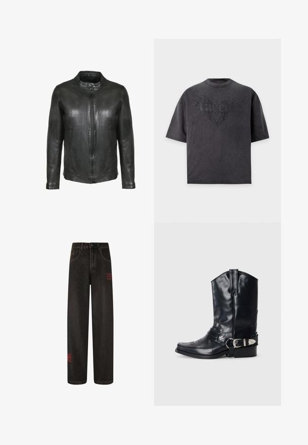Sort læderjakke med frontlynlås og krave med trykknap, lange ærmer og en glat finish.; Sort oversized T-shirt med korte ærmer med subtilt mørkt grafisk motiv og ordet "pamelk" i stiliseret skrifttype på brystet.; Sorte denim wide-leg jeans med synlige sømme og rød broderet tekst. Har en klassisk knaplukning og bæltestropper.; Sort læder cowboystøvle med spidse tæer, høj skaft, dekorativ stitching og sølv spændehardware på remmen. Tekstureret overflade.