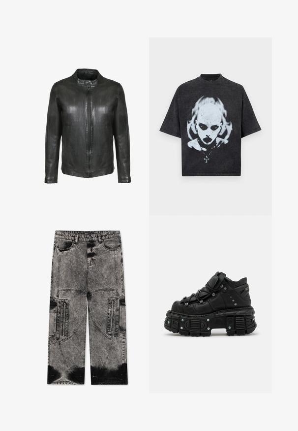 Schwarze Lederjacke mit frontalen Reißverschluss und Druckknopfkragen, langen Ärmeln und glatter Oberfläche.; Schwarzes Oversized-T-Shirt mit einem weißen Motiv eines glatzköpfigen Menschen mit dunklen Augen, Lippenstift, Piercings und einer Halskette mit Kreuzanhänger.; FAVELA BIG POCKET - Loose Jeans - black acid washed; Schwarze Leder-Hochtop-Sneaker mit dicker Gummisohle, Schnürdesign, gepolstertem Knöchelbereich und Metallelementen. Verfügt über eine profilierte Außensohle für besseren Halt.