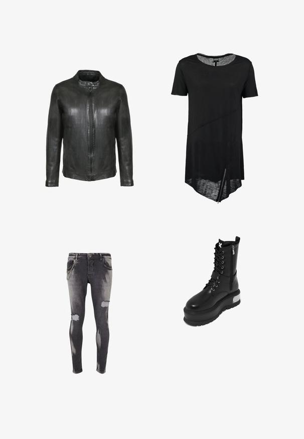 Schwarze Lederjacke mit frontalen Reißverschluss und Druckknopfkragen, langen Ärmeln und glatter Oberfläche.; Schwarzes T-Shirt mit kurzen Ärmeln und Rundhalsausschnitt, asymmetrischem Saum, transparenter Textur und seitlichem Reißverschluss. Weicher, leichter Stoff.; Schwarze, distressed Skinny-Jeans mit ausgefransten Knieausschnitten und einem silbernen Kettendetail auf der vorderen Tasche. Verwischte Waschung mit glatter Textur.; Schwarze Kunstleder-Kampfstiefel mit einer dicken Plattform, ausgestattet mit Schnürung, Reißverschluss und metallic Akzent an der Ferse.