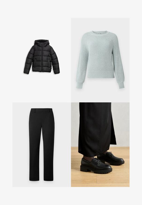 Sort dunjakke med lynlås foran, justerbar hætte, quiltet tekstur og sidelommer til varme og funktionalitet. Blødt, skinnende materiale.; Lyseblå strikket sweater med ribbet tekstur, rund halsudskæring og raglanærmer. Har tætsiddende manchetter og en afslappet pasform ved livet.; Sorte bukser med lige ben, lavet af et glat stof med en skræddersyet talje og forlommer.; Sorte lædersko med rund tå, tyk gummisål og snørebånd. Designet har dekorativ syning langs overdelen.