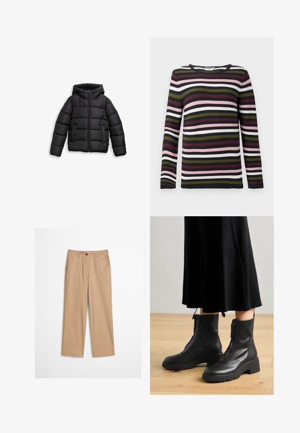 Sort dunjakke med lynlås foran, justerbar hætte, quiltet tekstur og sidelommer til varme og funktionalitet. Blødt, skinnende materiale.; Stribet langærmet sweater i marineblå, burgundy, grøn, lyserød og hvid. Ribbet tekstur med rund halsudskæring og tætsiddende ærmer.; Beige bomuldsbukser med lige ben, knaplukning foran og en glat tekstur. Har standard bærestropper og flad frontdesign.; Sorte læder ankelstøvler med en kraftig platformsål og en frontlynlås. Glat tekstur med et minimalistisk design.