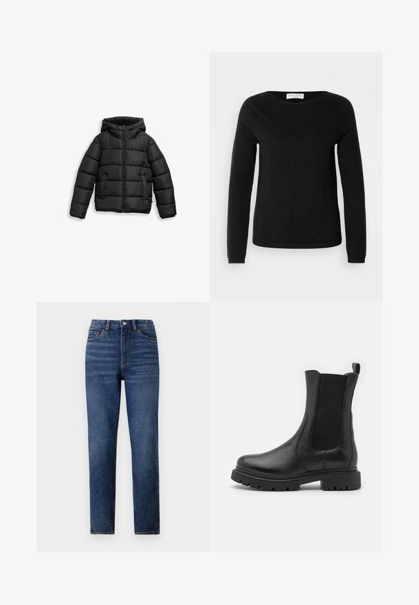 Sort dunjakke med lynlås foran, justerbar hætte, quiltet tekstur og sidelommer til varme og funktionalitet. Blødt, skinnende materiale.; Marc O'Polo LONGSLEEVE ROUND NECK - Striktrøje - black; Højtaljede blå denimjeans med lige ben, der har subtil slidmærkning, enkelt knaplukning og fem-lomme design.; Svarte læder ankelstøvler med elastiske sidepaneler, en rund tå og en robust sål med udtalte skridsikre riller.