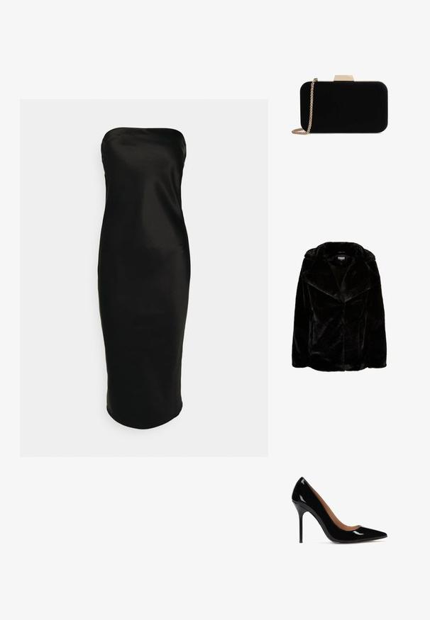 Mustan keinoturkishaalarin leveät läpät, pitkät hihat ja rento malli. Sileä pinta ja puhtaat linjat luovat modernin siluetin.; Gina Tricot TUBE MIDI DRESS - Juhlamekko - black; Musta patenttinen korkeakorkoinen pumppu, jossa on teräväkärkinen muotoilu ja sulava siluetti. Varustettu stiletto-korkealla ja sileällä sisävuorella.; Musta samettinen käsilaukku kullanvärisillä yksityiskohdilla, suorakaiteen muotoinen ja ketjuolkaimella, jolla on sileä pinta ilman näkyviä kuvioita.