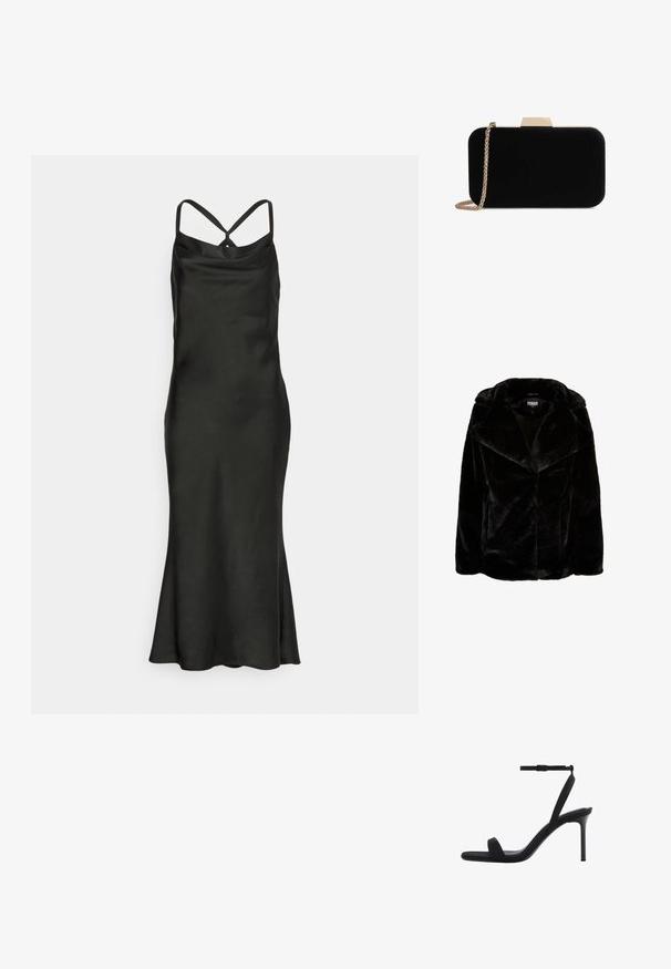 Schwarze Kunstpelzjacke mit breitem Revers, langen Ärmeln und lässiger Passform. Die glatte Textur und die klaren Linien sorgen für eine moderne Silhouette.; Jarlo Petite BIBI - Cocktailkleid/festliches Kleid - black; Schwarze Sandalette mit hohem Absatz, dünnem Knöchelriemen und offenem Zehenbereich, ausgestattet mit einem schlanken Stilettoabsatz und minimalistischem Design.; Schwarze Samt-Clutch mit goldfarbener Hardware, rechteckiger Form und Kettenriemen, mit glatter Textur und ohne sichtbare Muster.