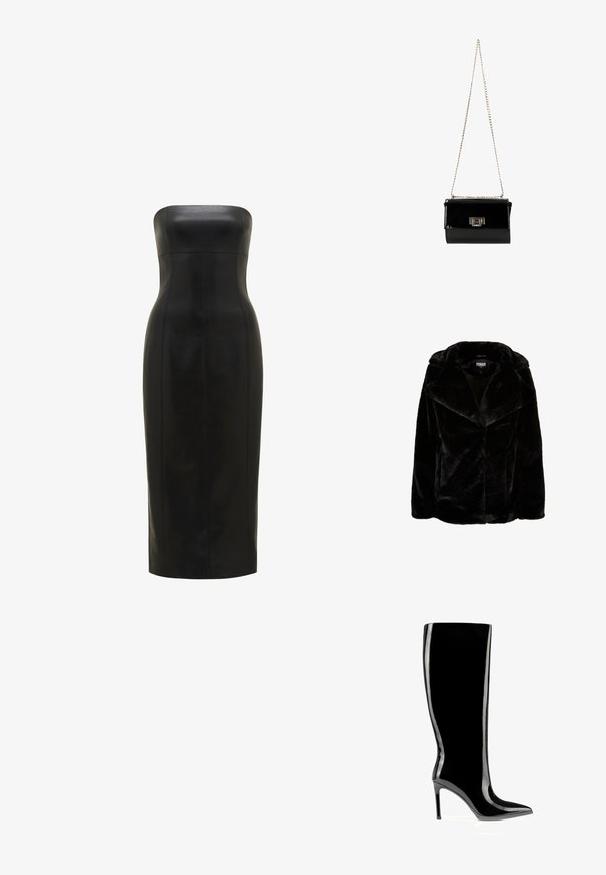 Schwarze Kunstpelzjacke mit breitem Revers, langen Ärmeln und lässiger Passform. Die glatte Textur und die klaren Linien sorgen für eine moderne Silhouette.; Schwarzes, trägerloses Lederkleid mit einer figurbetonten Silhouette, knielang, glatte Textur und vertikale Nähte für Definition.; Schwarzer kniehoher Stiefel aus Lackleder mit spitzer Zehenpartie und Stilettabsatz, schlanker und glänzender Oberfläche.; Schwarz glänzende Handtasche aus Lackleder mit einem goldenen Kettenriemen, rechteckige Form, mit einem Verschluss mit Klappe und einem metallischen Logo-Akzent.