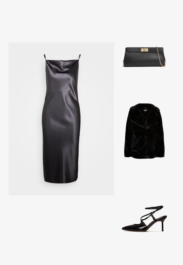 Schwarze Kunstpelzjacke mit breitem Revers, langen Ärmeln und lässiger Passform. Die glatte Textur und die klaren Linien sorgen für eine moderne Silhouette.; Samsøe Samsøe FREDERICKA LONG DRESS - Cocktailkleid/festliches Kleid - ombre dark; Schwarze Lackleder-Pumps mit spitzem Zehenbereich, Knöchelriemen und Ausschnittdesign; verfügen über einen Stiletto-Absatz und eine glatte Oberfläche.; Schwarze Clutch aus Leder mit goldfarbenem Metall-Drehverschluss und passendem goldfarbenem Ketten-Schulterriemen.