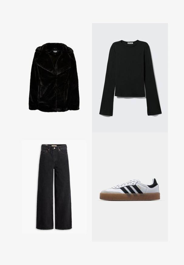 Schwarze Kunstpelzjacke mit breitem Revers, langen Ärmeln und lässiger Passform. Die glatte Textur und die klaren Linien sorgen für eine moderne Silhouette.; Schwarzes Langarmshirt mit Rundhalsausschnitt, figurbetonter Silhouette und leicht ausgestellten Ärmeln, gekennzeichnet mit einem "Weekday" Markenetikett im Nacken.; Schwarze weite Jeans aus Denim mit fünf Taschen, Kupferrivets und einem klassischen Knopfverschluss. Glatte Textur mit einem klaren Design.; Weiße Leder Sneakers mit schwarzen Streifen, Gummigummi-Außensohle, runder Zehenform, Schnürverschluss und weichem grauem Wildleder-Zehenkappe.