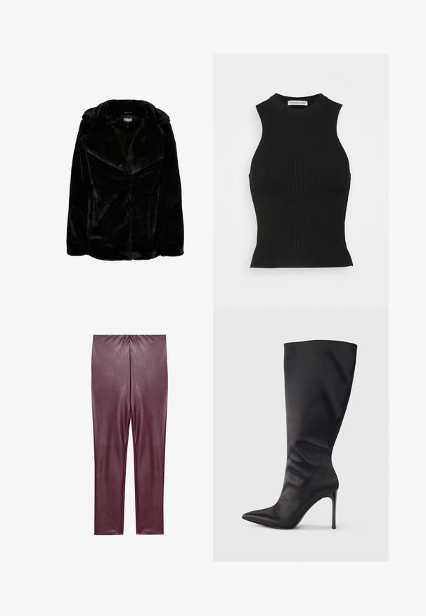 Sort faux fur jakke med bred krave, lange ærmer og en afslappet pasform. Den glatte tekstur og de klare linjer skaber en moderne silhuet.; DESIGNERS REMIX MANDY TANK - Top - black; Bordeaux faux læder leggings med en glat tekstur, høj talje og tætsiddende design, der strækker sig til anklerne uden yderligere detaljer.; Sort knæhøj stiletstøvle lavet af glat, glansfuldt materiale; spids tå; tætsiddende pasform med let samling nær anklen; skinnende hæl.