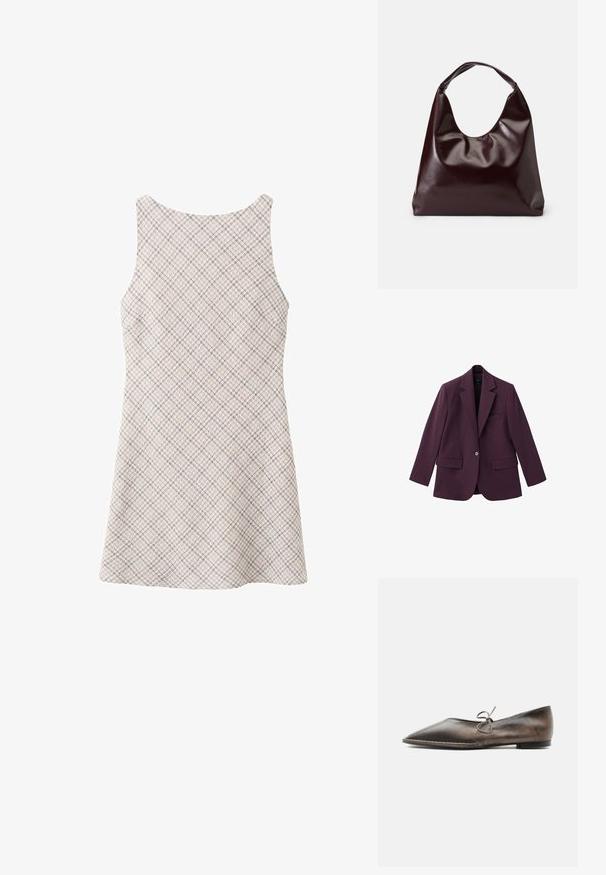 Violet blazer gemaakt van soepele stof, met een geknipt revers, enkele knoopsluiting en twee voorzakken. Gestructureerde pasvorm.; Mouwloze A-lijn jurk met een subtiel meerkleurig ruitpatroon op een lichtbeige achtergrond, gezien van achteren.; Bruine leren platte schoen met puntige neus, lage hak en een kleine strik bovenop, zijaanzicht tegen een witte achtergrond.; Bordeaux, glanzende vegan leren totebag met een zachte, sculpturale vorm en een brede, gebogen handgreep voor makkelijk dragen.