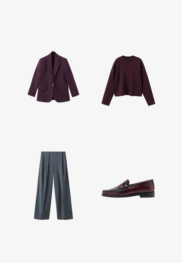 Violet blazer gemaakt van soepele stof, met een geknipt revers, enkele knoopsluiting en twee voorzakken. Gestructureerde pasvorm.; Bordeauxkleurige gebreide trui met een cropped ontwerp, geribbelde ronde halslijn en lange mouwen. Zachte textuur en relaxte pasvorm, met minimale details.; Donkergrijze wijde broek met voorplooien en zijzakken, afgebeeld op een witte achtergrond.; Donker bordeauxrode leren loafer met een gestikte moccasin-neus en een banddetail. Minimalistisch ontwerp met een platte zwarte rubberen zool.
