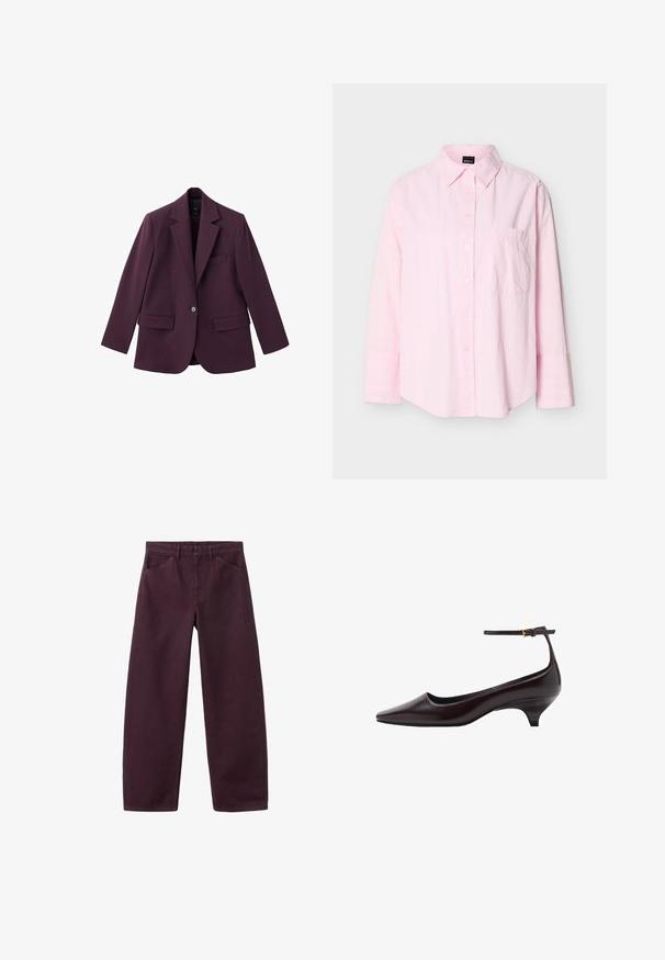 Blazer violet en tissu lisse, avec un col cranté, fermeture à un bouton et deux poches avant. Coupe structurée.; Chemise rose pâle à manches longues avec boutons, col et une seule poche poitrine, présentée sur un fond uni.; Pantalon droit violet foncé avec poches avant et passants de ceinture, présenté sur un fond blanc.; Chaussure à talon aiguille en cuir brun foncé, à bout pointu, avec une fine bride de cheville et une petite boucle dorée.