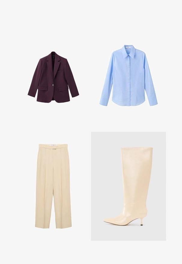 Violet blazer lavet af glat stof, med spids revers, enkelt knaplukning og to frontlommer. Struktureret pasform.; Lyseblå skjorte med knapper foran, lange ærmer, klassisk krave, glat tekstur, skræddersyet pasform og sidesømme for et struktureret udseende.; Beige, højtaljede bukser med en vid ben-design. Har frontfolder, sidelommer og en glat stoftekstur.; Knæhøj beige læderstøvle med en slank, glat finish, spids tå og en lav, slank hæl. Har et minimalistisk design uden synlige dekorationer.