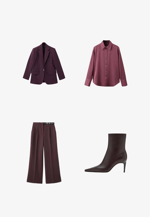 Violet blazer lavet af glat stof, med spids revers, enkelt knaplukning og to frontlommer. Struktureret pasform.; Langærmet mauve skjorte med knapper, brede manchetter og spidst krave, vist på en ensfarvet hvid baggrund.; Vide mørkebrune bukser med frontplisseringer og sort bælte med sølvspænde i taljen, vist på hvid baggrund.; Brun læder ankelstøvle med spids tå, slank skafter og en tynd, høj hæl. Glat tekstur, minimalistisk design, ingen synlig hardware.