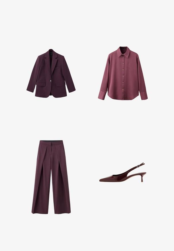 Violet blazer gemaakt van soepele stof, met een geknipt revers, enkele knoopsluiting en twee voorzakken. Gestructureerde pasvorm.; Lichtpaars overhemd met lange mouwen, knopen, brede manchetten en een puntige kraag, weergegeven op een effen witte achtergrond.; Pruimkleurige wijde broek met voorplooien, een platte tailleband en zijzakken. Gemaakt van gladde stof met een strakke uitstraling.; Glanzende donkerbruine slingback kittenhak schoen met spitse neus en verstelbare gespband.