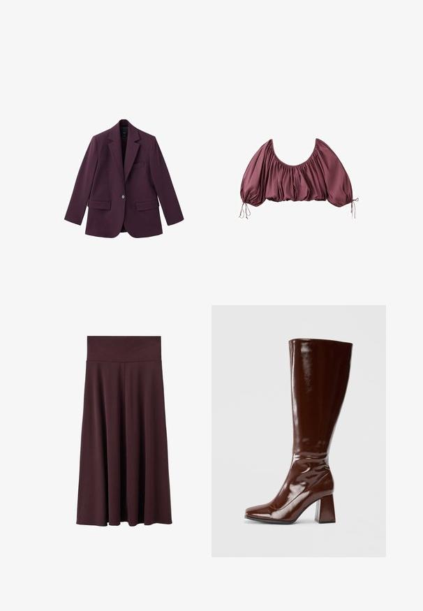 Violet blazer gemaakt van soepele stof, met een geknipt revers, enkele knoopsluiting en twee voorzakken. Gestructureerde pasvorm.; Gecropte, off-shoulder blouse in diep mauve met geplooide stof en elastische pofmouwen, gestrikt aan de polsen.; Marsala midi-rok gemaakt van zachte stof met een brede, elastische tailleband. Heeft een vloeiend ontwerp dat licht taps toeloopt naar de zoom.; Kniehoge bruine laarzen van gepatenteerd leer met een vierkante neus, glanzende afwerking en een chunky hak voor stabiliteit. Naadloos ontwerp zonder zichtbare hardware.