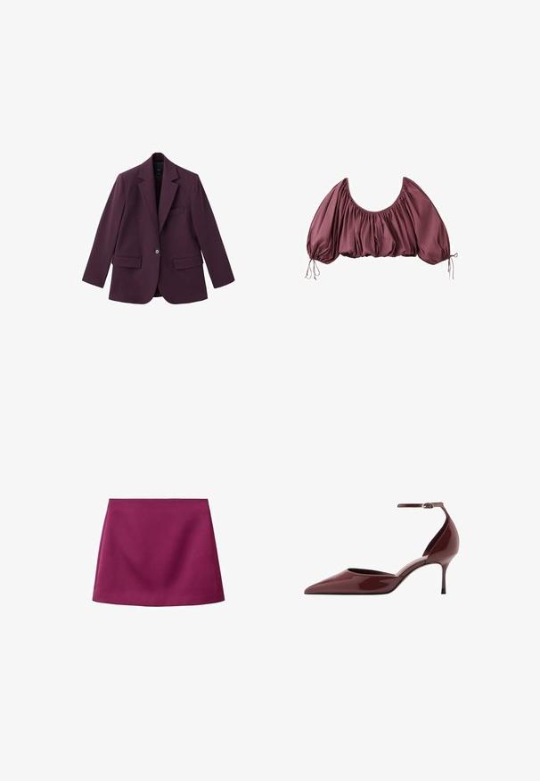 Violet blazer lavet af glat stof, med spids revers, enkelt knaplukning og to frontlommer. Struktureret pasform.; Beskåret, off-shoulder bluse i dyb mauve med samlet stof og elastiske pufærmer, bundet ved håndleddene.; A-linje mini skørter i ensfarvet magenta stof. Glat tekstur med et enkelt design uden synlige lukninger eller udsmykninger.; Blank bourgogne spids tå kitten heel sko med ankremærke og sølvspænde på hvid baggrund.