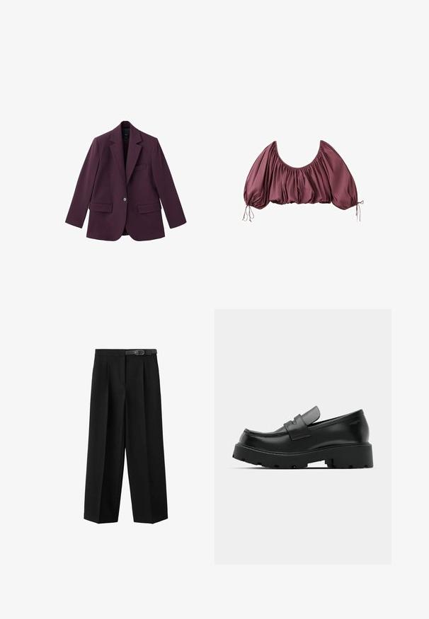Violet blazer lavet af glat stof, med spids revers, enkelt knaplukning og to frontlommer. Struktureret pasform.; Beskåret, off-shoulder bluse i dyb mauve med samlet stof og elastiske pufærmer, bundet ved håndleddene.; Sorte højtaljede bukser med vide ben, forreste læg og et matchende tyndt bælte med sølvspænde.; Sorte læder loafers med en chunky tekstureret sål, der har en rem over vamps og en glat, poleret finish.