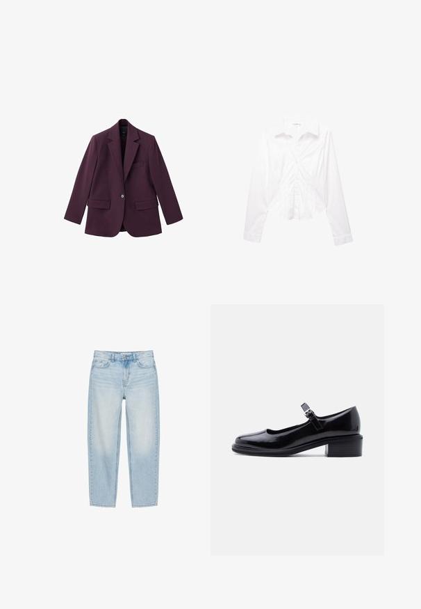 Violet blazer gemaakt van soepele stof, met een geknipt revers, enkele knoopsluiting en twee voorzakken. Gestructureerde pasvorm.; Witte blouse met lange mouwen, knoopsluiting, kraag, slim fit en manchetten, plat liggend op een witte achtergrond weergegeven.; Lichtblauwe straight-leg spijkerbroek met knoop voor, rits, riemlussen en vijfzakkenstijl op een witte achtergrond.; Zwart lakleren Mary Jane-schoen met lage blokhak en verstelbare gesp, gefotografeerd op een effen lichte achtergrond.