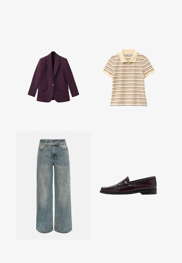 Violet blazer gemaakt van soepele stof, met een geknipt revers, enkele knoopsluiting en twee voorzakken. Gestructureerde pasvorm.; Poloshirt met korte mouwen met beige, gele en paarse horizontale strepen en twee knopen onder de kraag.; High-waisted wijde jeans van verwassen blauw denim met een bijpassende denimriem en klassiek ontwerp met vijf zakken.; Donkerbruine leren penny loafer voor mannen met een zwarte zool en stiksels langs de neus, weergegeven in zijprofiel.