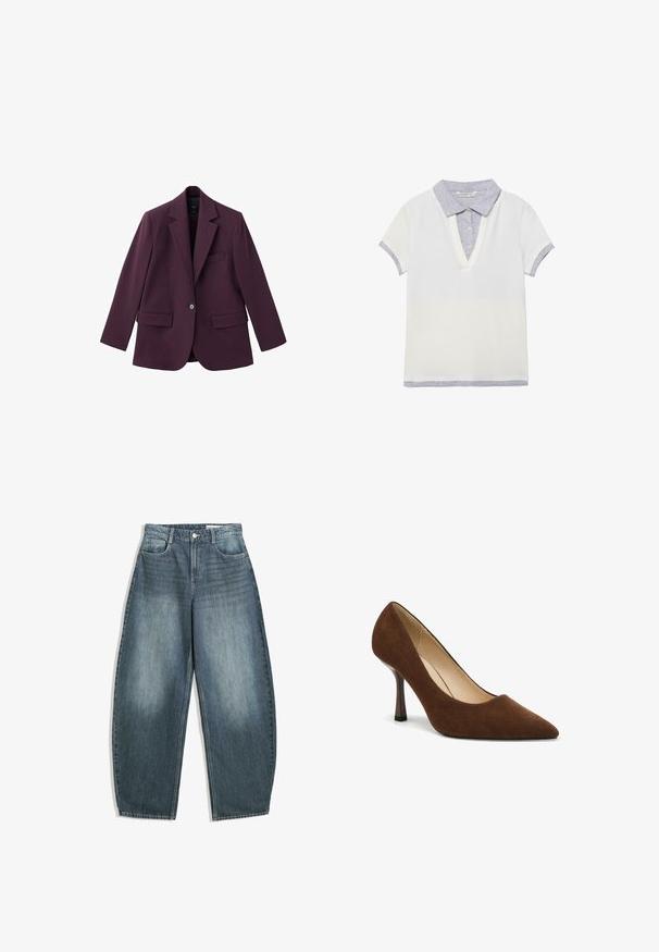 Violet blazer gemaakt van soepele stof, met een geknipt revers, enkele knoopsluiting en twee voorzakken. Gestructureerde pasvorm.; Wit poloshirt met korte mouwen, lichtgrijze kraag, knoopsluiting, mouwboorden en zoomdetails, plat gelegd op een witte achtergrond.; Lichtblauwe denim wijde pijpen jeans hebben een hoge taille, vijf zakken, subtiele vervaging en stikselaccenten langs de naden.; Bruine suède damesschoen met spits toelopende neus en een smalle taps toelopende hak op een witte achtergrond.